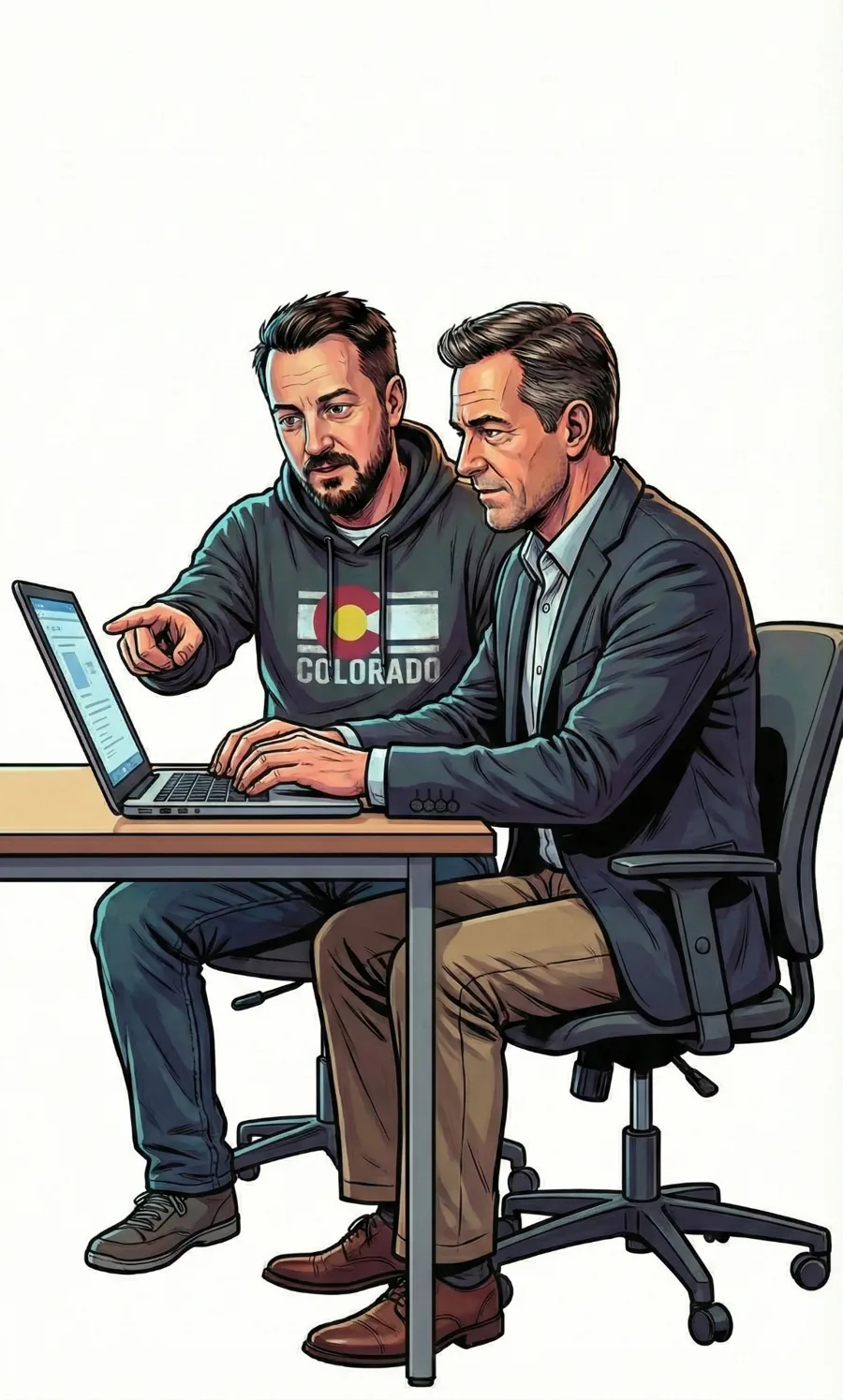 Illustration of Alex Lamy showing a client something on a laptop