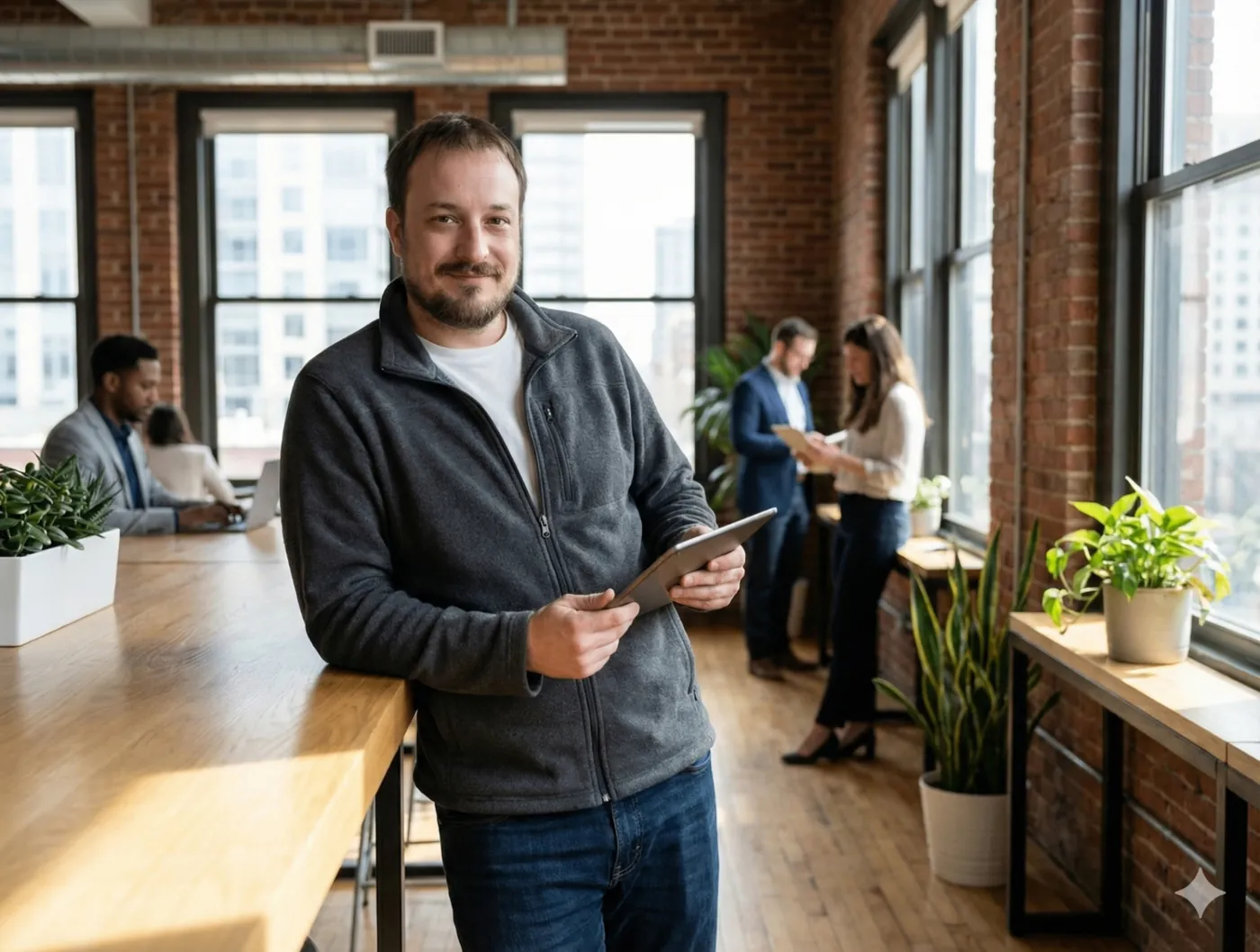 Alex Lamy holding a tablet in a St. Louis coworking space